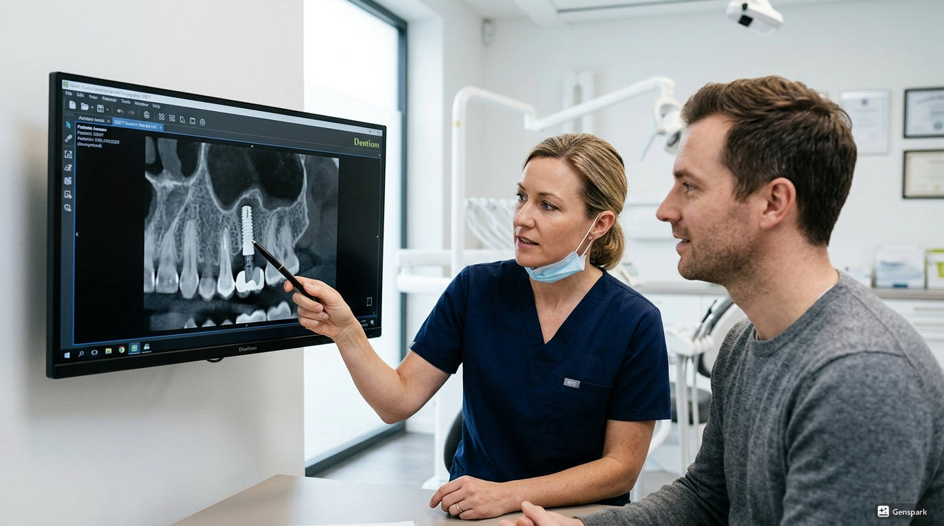 Dentist reviewing a dental X-ray showing a placed implant with a patient during consultation at Maple Dental