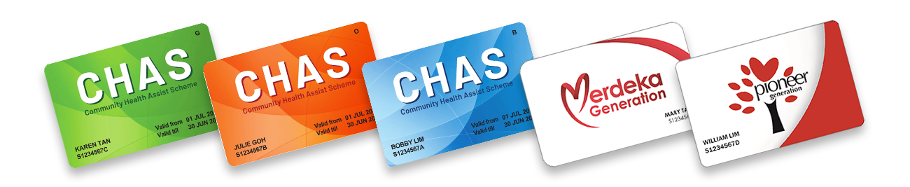 CHAS Green, Orange, and Blue cards alongside Merdeka Generation and Pioneer Generation cards — accepted at Maple Dental for eligible dental treatments