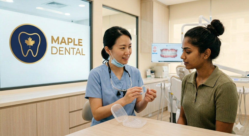Dentist at Maple Dental reviewing clear aligner trays with a patient during an orthodontic consultation in Kovan
