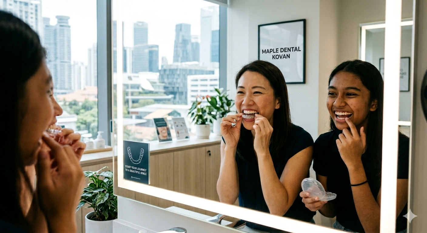 Clear aligner tray held up showing transparent removable dental aligner at Maple Dental Kovan