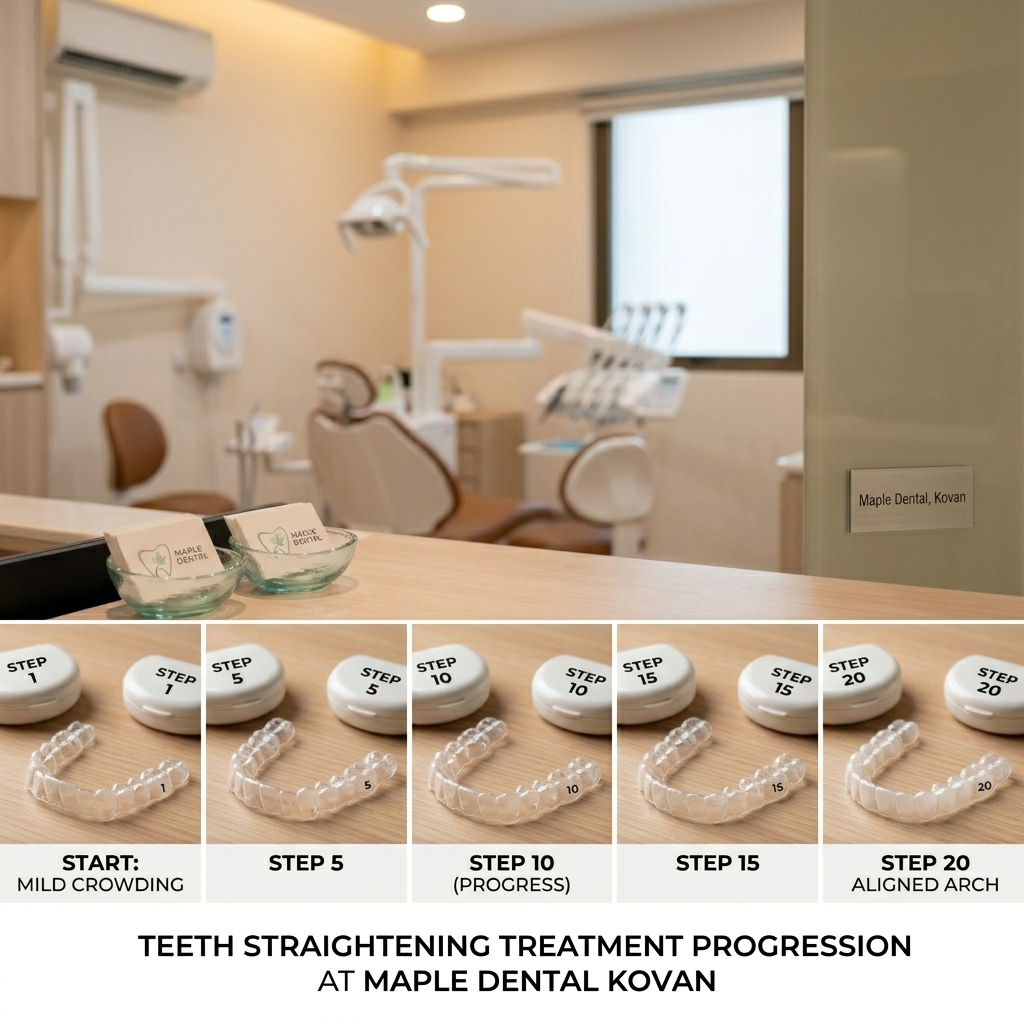 Series of clear aligner trays showing progression of teeth straightening treatment at Maple Dental Kovan Singapore
