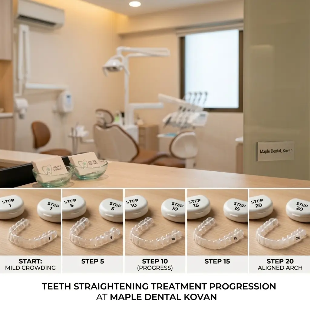 Series of clear aligner trays showing progression of teeth straightening treatment at Maple Dental Kovan Singapore